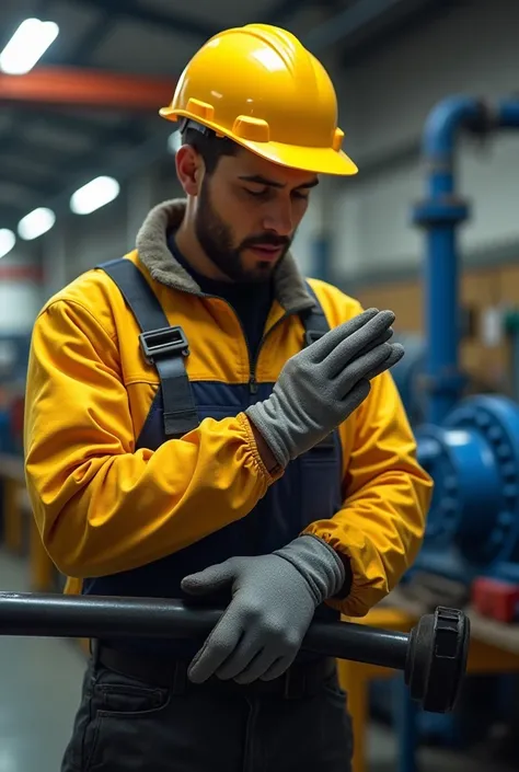 Buat gambar animasi mekanik pakaian lemgan panjang warna kuning, kacamata safety, gloves, dan helm warna kuning di area workshop terkena insiden tangan terjepit diantara komponen (feel pain) in performing pump maintenance activity 