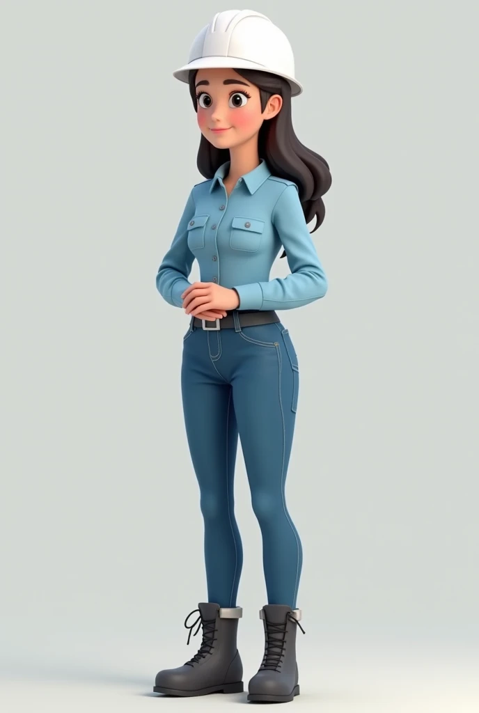 Animation of a female mining worker wearing a plain long-sleeved light blue shirt with two pockets on the chest, flat chest, jeans, white helmet, full body to the feet, with folded hands, wearing high safety shoes, trousers tucked into the shoes