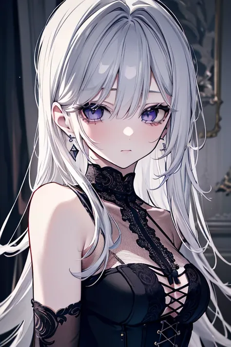 a beautiful young assassin, long silver hair, mesmerizing and elegant long hair, fragile beautiful girl, long eyelashes, beautiful amethyst eyes, white lace dress, doll-like perfect face, innocent, big eyes, gem earrings, corset with lacing, transparent an...