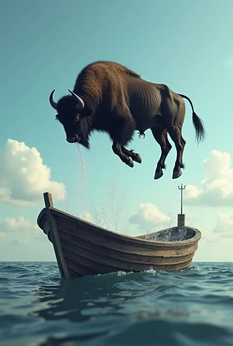 A picture of a buffalo falling from the sky onto a wooden sea launch