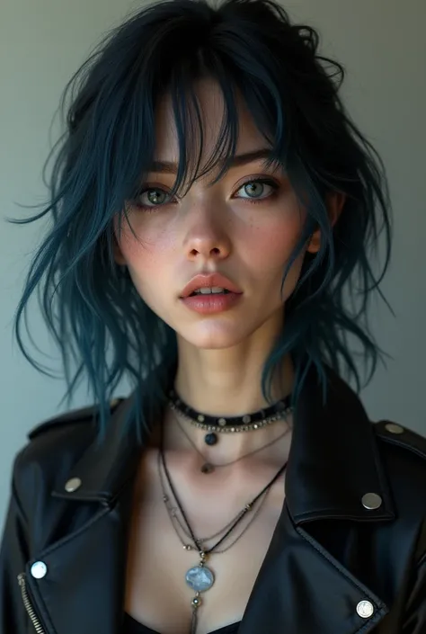 Semi-realistic French woman , 29 years old,  slightly long and slightly messy bluish black hair,  greyish blue eyes ,  pale skin , tattoos on the neck and collarbone ,  Black leather jacket , 