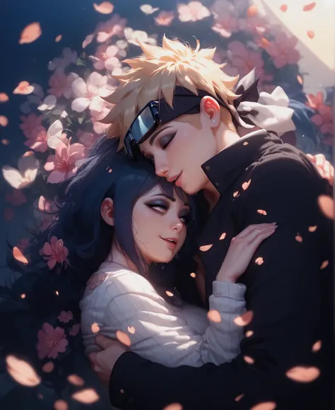 A stunningly realistic depiction of Naruto and Hinata, both wearing casual clothes, leaning against each other in a cozy cafe. The sun is shining through the window, casting a warm glow over the scene. Theres a sense of tiredness and relaxation on their fa...