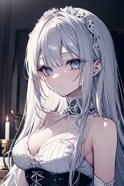 a beautiful mysterious girl with long silver hair,detailed eyes,long eyelashes,delicate facial features,porcelain skin,wearing a white lace dress,ethereal and doll-like,piercing gaze,intricate corset,assassin,professional cinematic lighting,dramatic chiaro...