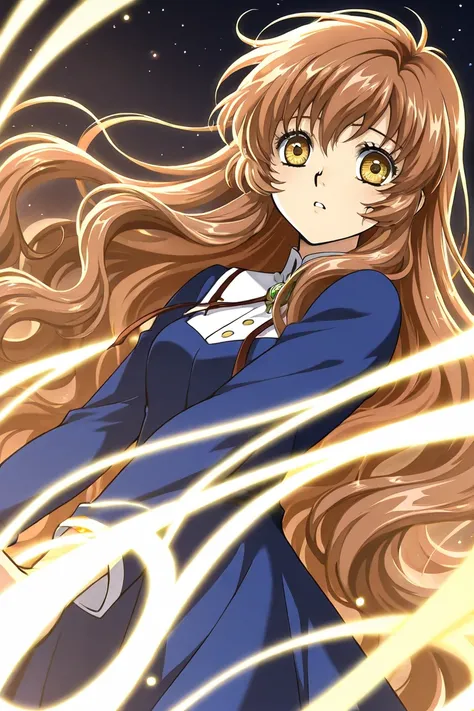 A girl that is an student. She has long wavy Brown hair with shiny golden eyes with blue dress uniform. She is confused. Kind. Clamp Tsubasa chronicles art style. 