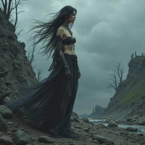 Create an atmospheric fantasy scene where a lone, determined female figure stands on a desolate, rocky terrain. The sky is dark and heavy with storm clouds, but there is no sign of movement in the air—no wind. Her long, flowing hair, once wild, is now stil...