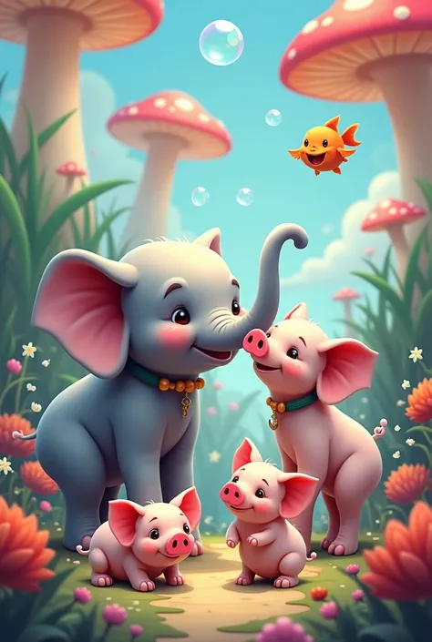 I need 8 pictures with elephants, pigs and puffer fish.