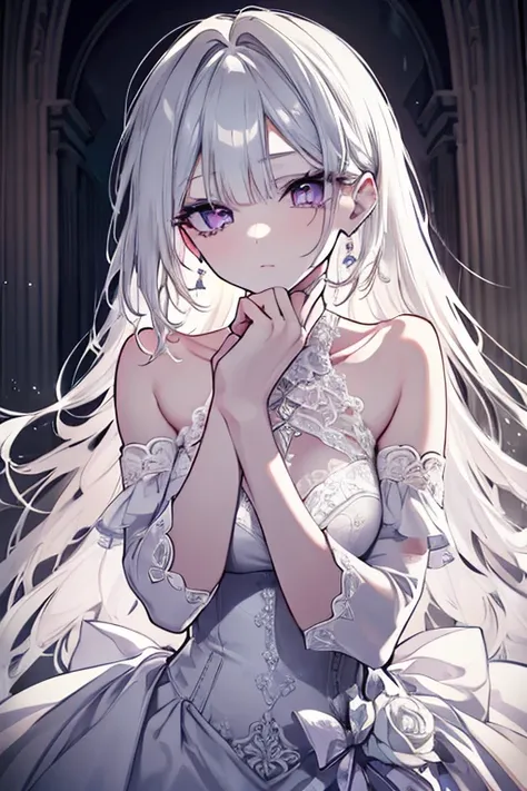 A beautiful young girl with long, lustrous silver hair, delicate features, and large, amethyst-like eyes wearing a pure white lace dress, angelic yet deadly, elegant assassin, highly detailed, 8k, photorealistic, cinematic lighting, intricate details, porc...