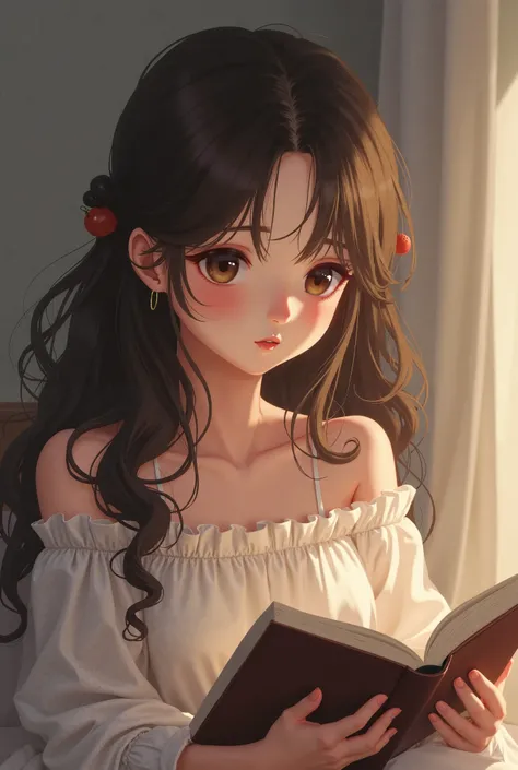 , a cute and innocent woman with big brown hair who reads a book and feels ashamed,  Features : Long-haired with brown hair and curls , , an Asian with big eyes similar to Idol Chu 