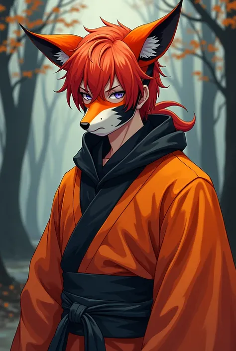 1 male, red hair, violet eyes, orange and black style, traditional kitsune mask, mask worn on face, monk clothes, forest background, minimalist, lots of white space, anatomically correct, dynamic naginata