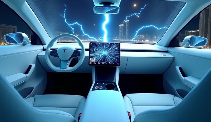 give me interior picture Tesla model y juniper Vip Full Hd rear Deshboarb Full Hd In white Color with blue lightning and full had INTERIOR Full Hd rear dashboard full hd