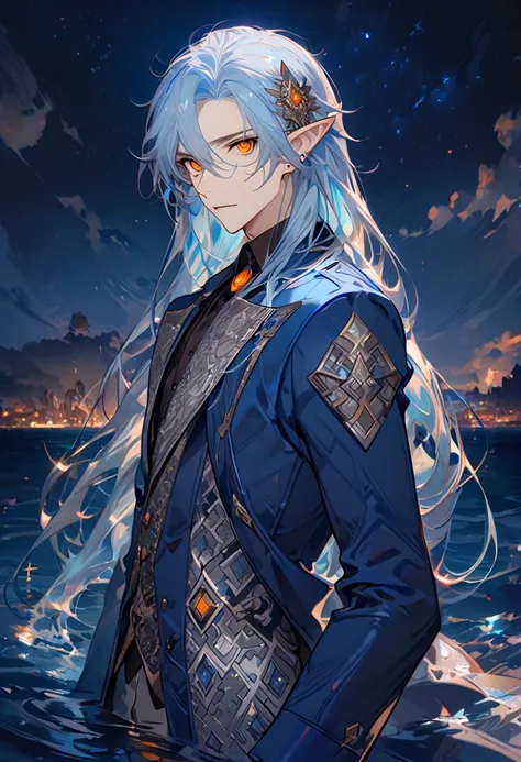 masterpiece, best quality, 8k ,4k , male, ((1 male), (fin ears), (pale blue hair), (long hair), (bright orange eyes), (hair ornament), (finely detailed eyes and detailed face)), looking at viewer, ((night blue coat), (silver patterned clothes), (neat cloth...