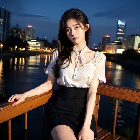  beautiful girl ， exquisite face ， delicate girl， brown curls with a hairpin ， with lace white short sleeve top， with dark blue bow on the neckline ， high-waisted black pleated miniskirt ，Sitting on a wooden chair by the river ，The background is a river an...