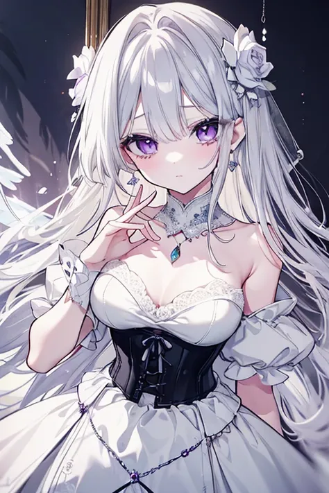 a beautiful girl with long,lustrous silver hair,delicate and ethereal,large expressive eyes like amethyst gems,long eyelashes,wearing a pure white lace dress,perfect doll-like features,innocent expression,jewelry like gemstone earrings,corset bodice,transl...