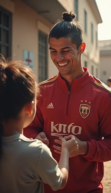 A heartwarming shot of Ronaldo engaging in charitable work, helping ren with a smile, emphasizing his commitment to giving back."