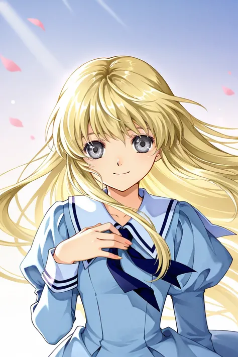 A girl that is an student. She has long straight Blond hair with shiny grey eyes with blue dress uniform. She is smiling and happy. Kind. Clamp Tsubasa chronicles art style. 