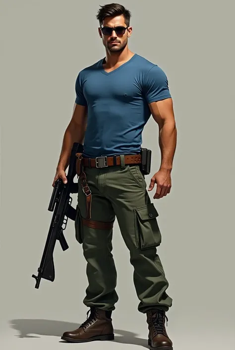 A hero character wearing blue t-shirt green jeans pant with two pockets and dark glasses looking with little muscular body and with an rifle and his age is 29 