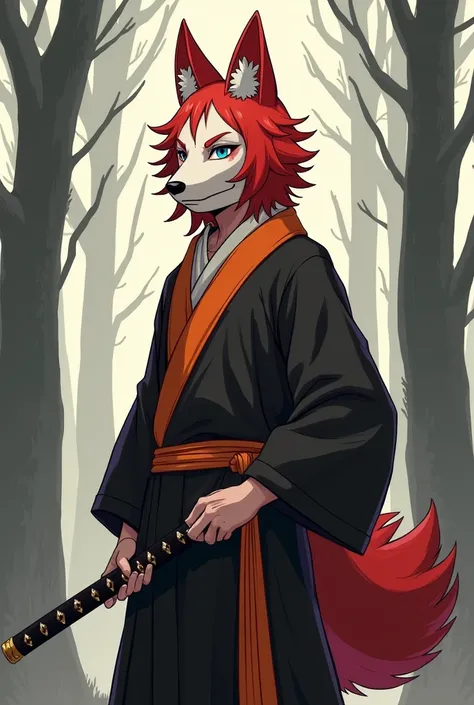 1 male, red hair, violet eyes, orange and black style, wearing a white and red kitsune mask, monk clothes, forest background, minimalist, lots of white space, anatomically correct, naginata at hip, minimal background