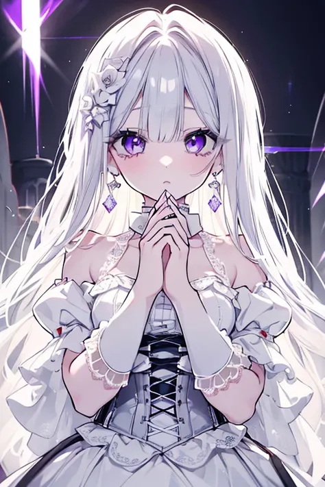 1girl, beautiful long silver hair, delicate beautiful young girl, long eyelashes, beautiful pale purple gem-like eyes, white lace dress, pure white dress, doll-like perfectly beautiful face, innocent, big eyes, gem earrings, corset lacing, transparent, pet...