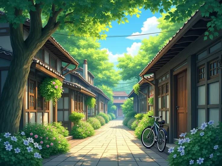 Wallpaper in 4k quality in style anime "A peaceful alleyway in a quaint village, lined with wooden houses adorned with cascading flowers. A dappled pattern of sunlight filters through the leafy green canopy above, creating a relaxing and nostalgic vibe. Bi...