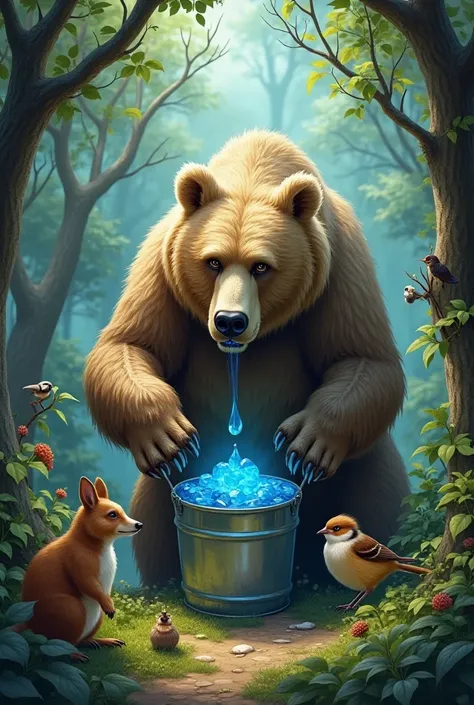 An old bear in the forest among animals tastes blue honey from a bucket