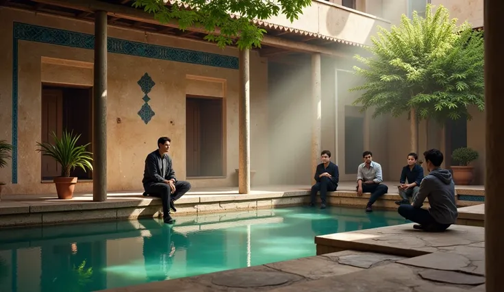 A depiction of Mulla Sadra sitting by a water-filled pond in a traditional Iranian school courtyard, surrounded by students attentively listening to his lesson. The architecture features classic blue tilework, and trees add a serene ambiance. The students,...