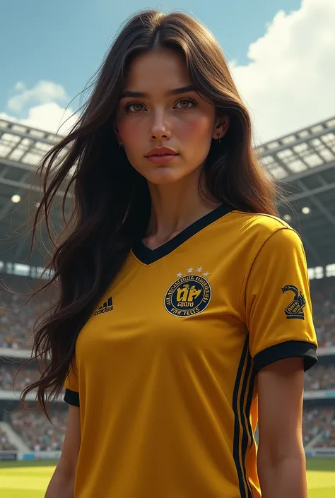 Beautiful girl with long hair wearing a Peñarol t-shirt at the champion stadium of the century 