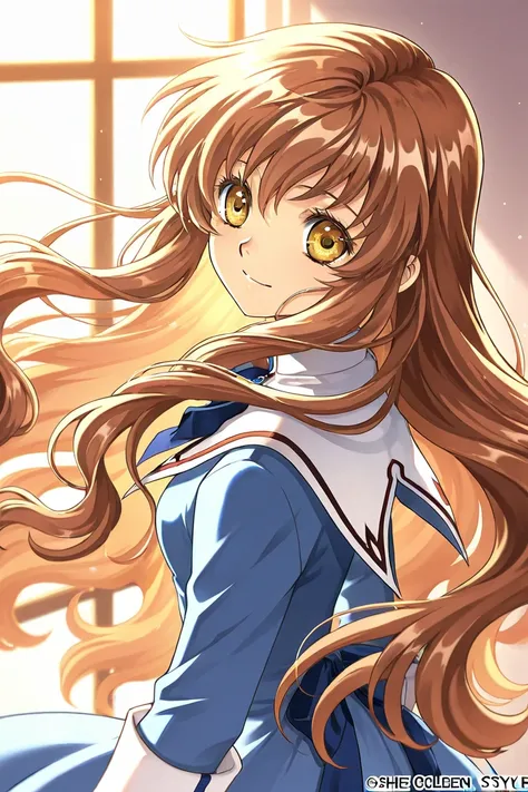 A girl that is an student. She has long wavy Brown hair with shiny golden eyes with blue dress uniform. She is so happy. Kind. Clamp Tsubasa chronicles art style. 