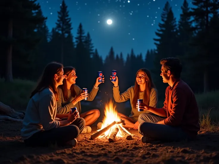 A group of friends sitting by a glowing campfire in a forest clearing, surrounded by tall trees under a starry night sky. Each holds a can of Pepsi, their faces lit by warm firelight and soft moonlight. One friend raises a can for a toast, the fizz sparkli...