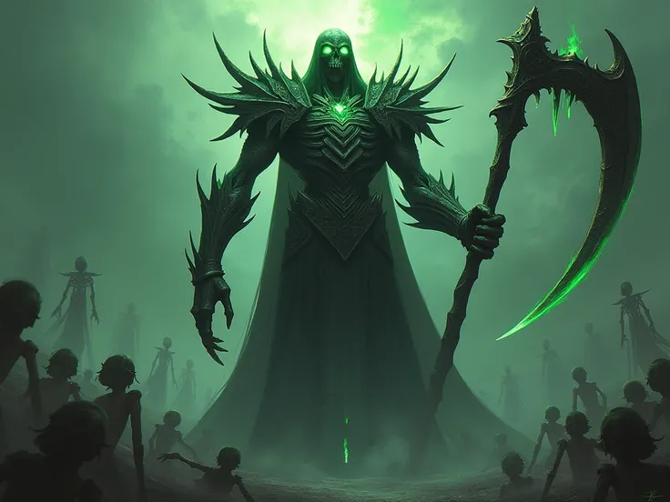 A towering skeletal figure clad in black armor, holding a massive scythe. Its hollow eyes burn with green fire, and skeletal minions rise from the ground around it