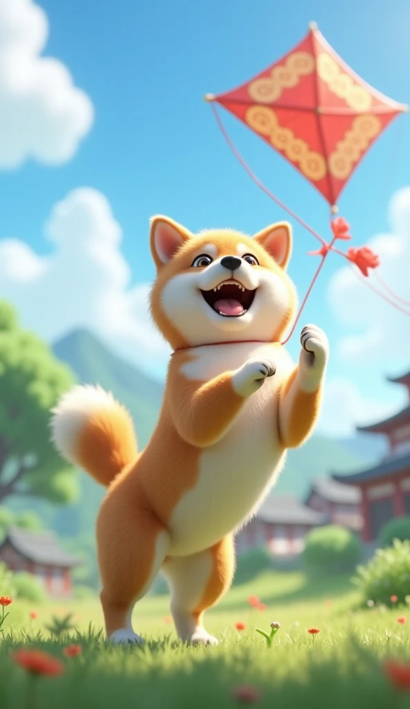 Under a clear blue sky, a Shiba Inu is joyfully playing with a traditional Japanese kite, either holding it in its mouth or helping it fly. The Shiba Inu is rendered in hyper-realistic CGI style, with detailed and lifelike fur textures that reflect soft na...