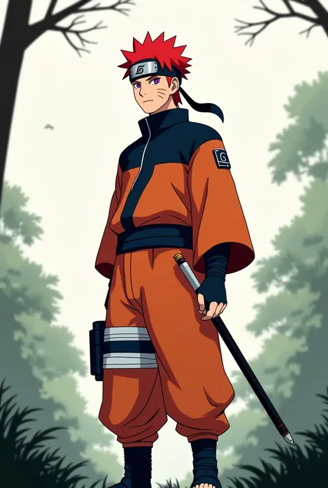 naruto uzumaki, 1 male, red hair, violet eyes, orange and black style, monk clothes, forest background, minimalist, lots of white space, anatomically correct, naginata at hip, minimal background