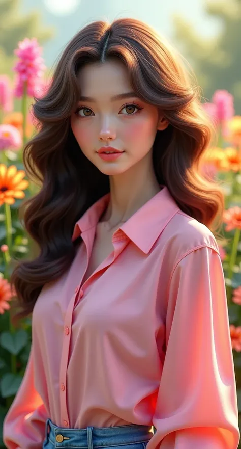 beautiful woman curl brown hair, big eye in contrast pink long shirt and blue pants like shinchan mom, on the flower garden, afternoon, 8k ultra hd realistic, 3d
