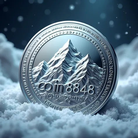 Create a cryptocurrency Coin Snow metallic texture color coin with mount everest symbol in round shape and write Coin name "COIN8848"(dont write any text inside)on coin and coin must be shown front. highest quality image 