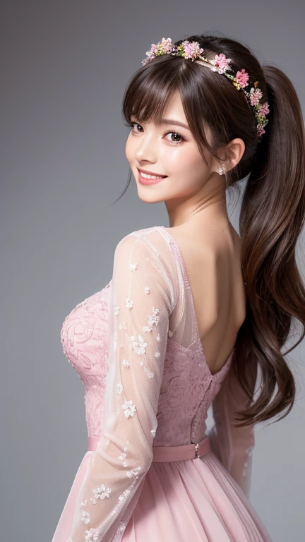 a beautiful mature girl, 1 girl, wearing a long sleeve pink dress, her sensitive area fully covered, pink gloves, elegant dress, with flower crown, looks very beautiful, shes smiling, so kind, extremely detailed eyes and face, beautiful detailed lips, long...