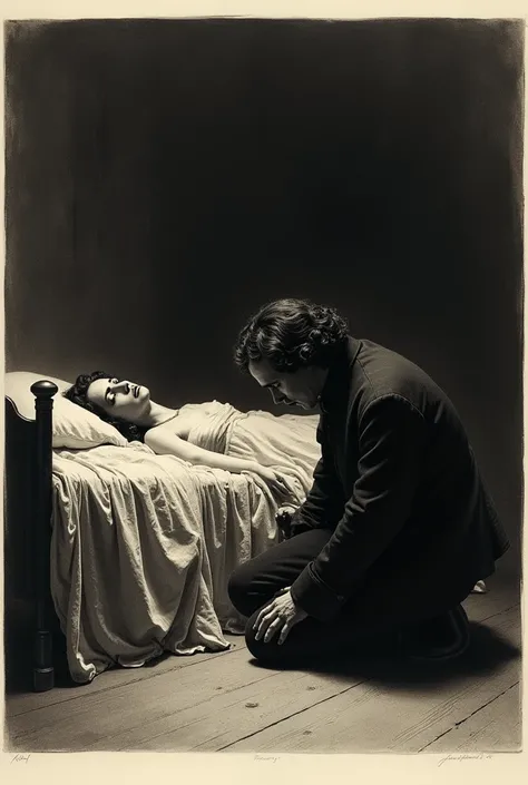 An engraving in aquatint style that represents the writer Edgard Allan Poe kneeling at the feet of the  of his beloved Anabelle Lee, she lies on her deathbed, and Poe mourns her inconsolably, Engraving in aquatint style