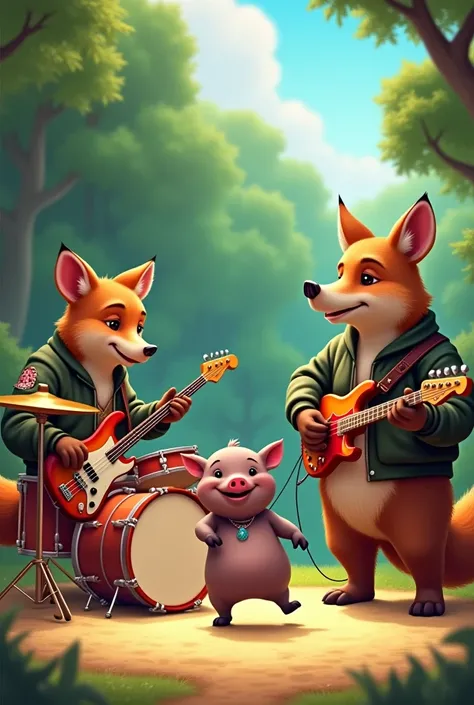  Bomber plays drums , fox plays guitar .  A funny hog dances on a hemp