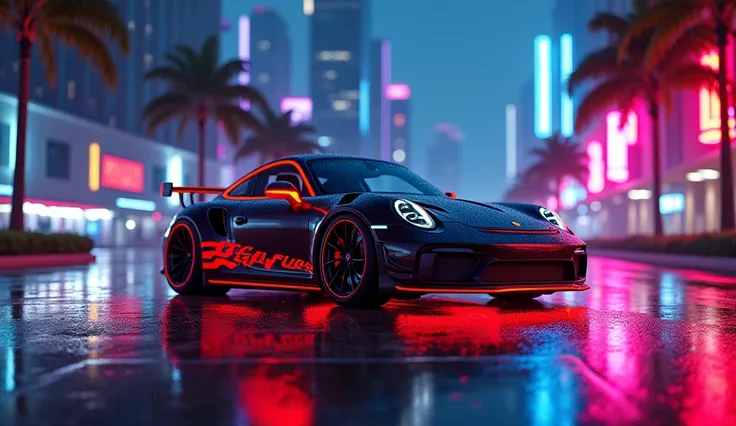 A dark-colored, custom-modified Porsche 911 sports car is parked on a city street at night.  The car is situated in the mid-ground, angled slightly to the right of center.  Reflections of the vibrant neon-colored city lights are visible on the wet asphalt....