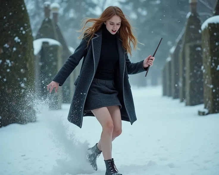 Emma Watson, Hermione Granger, adult, dark lord Voldemort is casting a blizzard spell, hermione is facing voldemort but cannot match his ultimate power, woolen mini skirt, bare legs, griffindor coat, turtleneck, high heels, hogwarts castle garden, full bod...