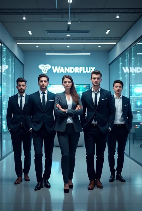 Recreate the same as a team of five handsome young men, and a woman. Highlight display of Wandrflux Ventures name, and the immersion of quantum technology in financial mastery. 