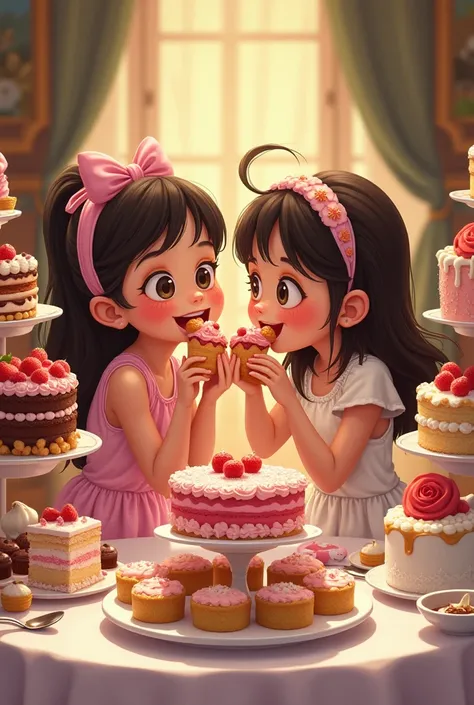  Please create an illustration of two girls sitting across from each other at the cake buffet eating too much cake until their stomachs are full。
Please let me eat cake 。