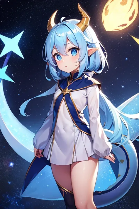 Light skin, blue eyes, pupils with stars instead of round, hair blue and long, tiny dragon horns and tail, stars in the background