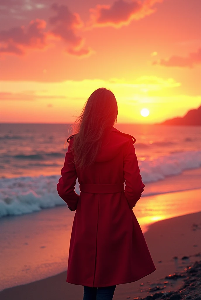 A woman wearing a red coat on the sea as the sun sets from her back