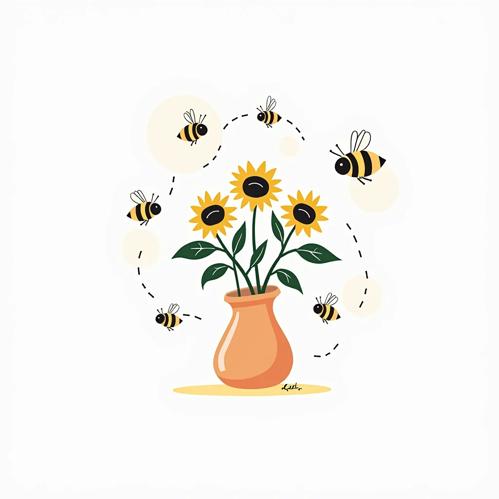 A bouquet of yellow flowers in a light orange vase.  The flowers are simple, stylized sunflowers with dark green centers.  Several small, cartoonish bumblebees are flying around the flowers, depicted with simple lines and shapes, following dotted lines. Th...