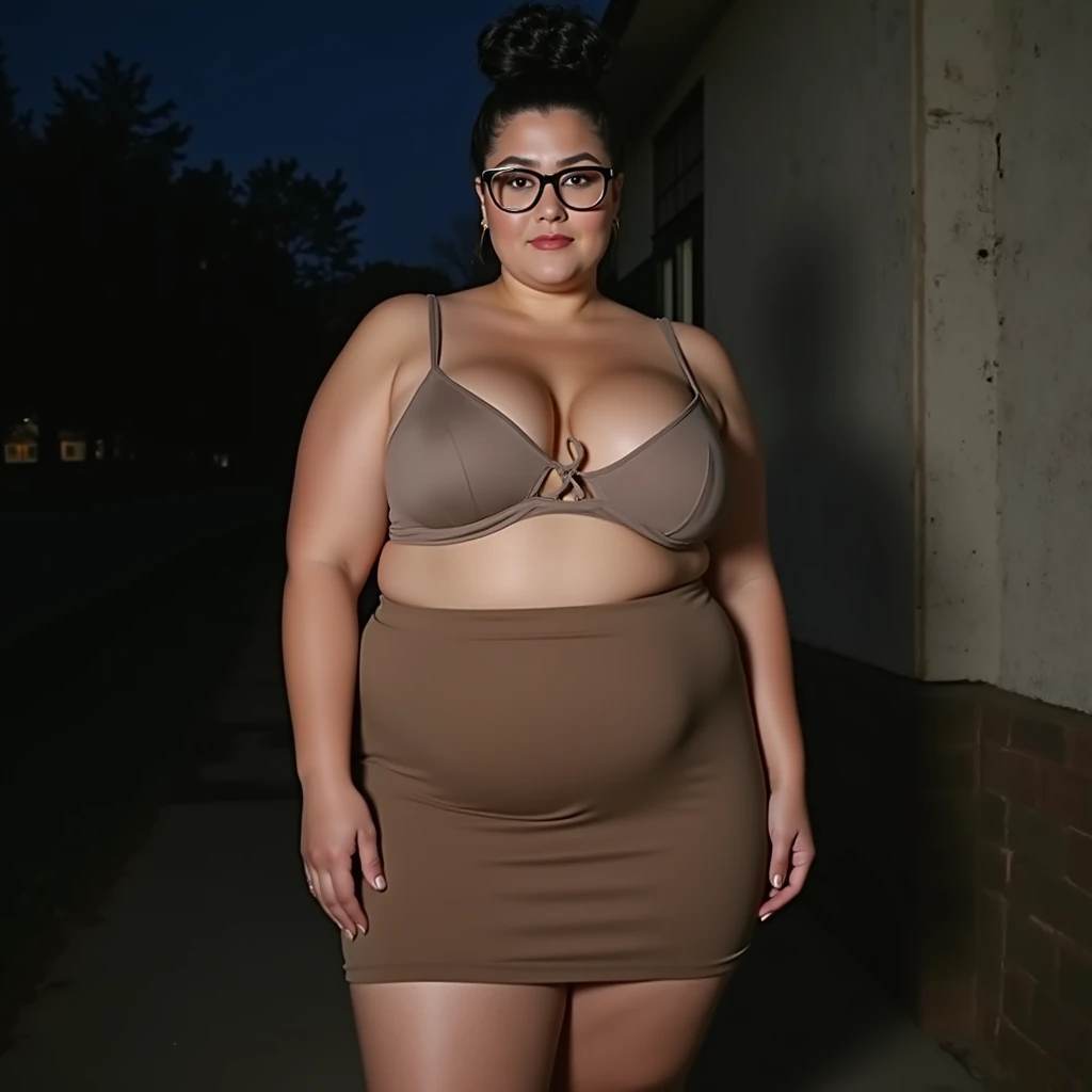 Very White curvy plump voluptuous milf 40 years lady wearing a brown bra and a very mini skirt in front of a night wall . celavage.  Real photo,  realism. Huge boobs with huge ass. Black tied up hair. Very White face and body. Glasses. White face and body....