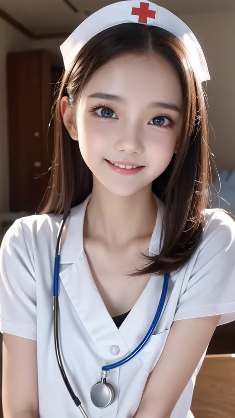 Nurse costume,Super baby face, very young beautiful girl,Very slim body,Correct human body, detailed eyes, detailed face , very beautiful face , very cute face, beautiful skin, evenly balanced eyes,Droopy eyes,orgasm smile, Highest Resolution , top quality...