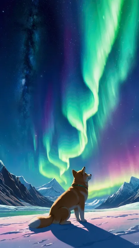 Makoto Shinkai, aurora above the glacier ,   glaciers and auroras extend gracefully from the horizon ,  shaped like artistic auroras .  Its graceful , Shiba Inu puppy,  The overall atmosphere is mysterious and quiet .  in the night sky Aurora evokes soft ,...