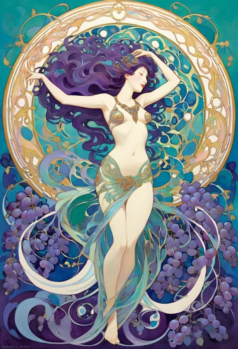  Hallucinatory, Tsuruta Ichiro Style Beauty Painting , Hypnotic Patterns , Abstract, Euphoric,  Fluid Shapes , Art Nouveau Painting ,  jewelry, Grape, summer, passion,   flat illustration .  negative space in the shape of a dancing womans body. goddess, wh...