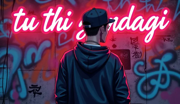 A hip-hop-inspired artwork featuring the upper body of a young man shown from head to waist, wearing stylish hip-hop attire such as a hoodie and a tilted cap. The background showcases vibrant neon lights and graffiti art, evoking the energy of urban street...