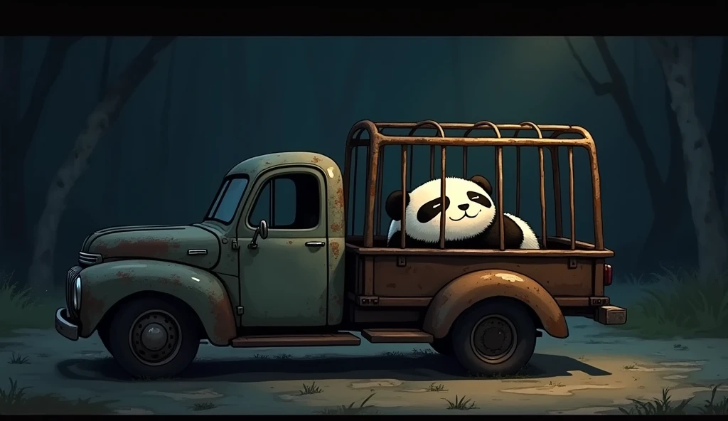 A cartoon Panda(small, fluffy black-and-white panda with a round belly. You have a curious look and move clumsily but adorably.)is sleeping in rattling cage on the back of a rusty old truck.( Darkness)image of back of truck only