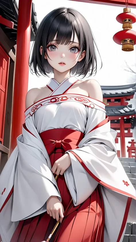 solo。
  realistic drawing。 high image quality。 High Quality 。 digital painting。Pale colors。


（adult、Beauty、 slender。 small tits、Small chest）
（Shrine maiden。White、 Off Shoulder 。Scarlet hakama、Low rise）
（ black hair、 pixie cut、 straight hair）
（Droopy eyes。...